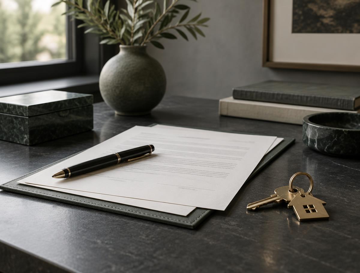Property contract, pen and house keys on a graphite desk