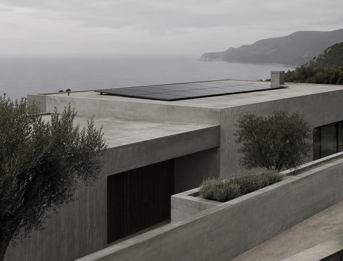Concrete villa rooftop with black solar panels above the sea