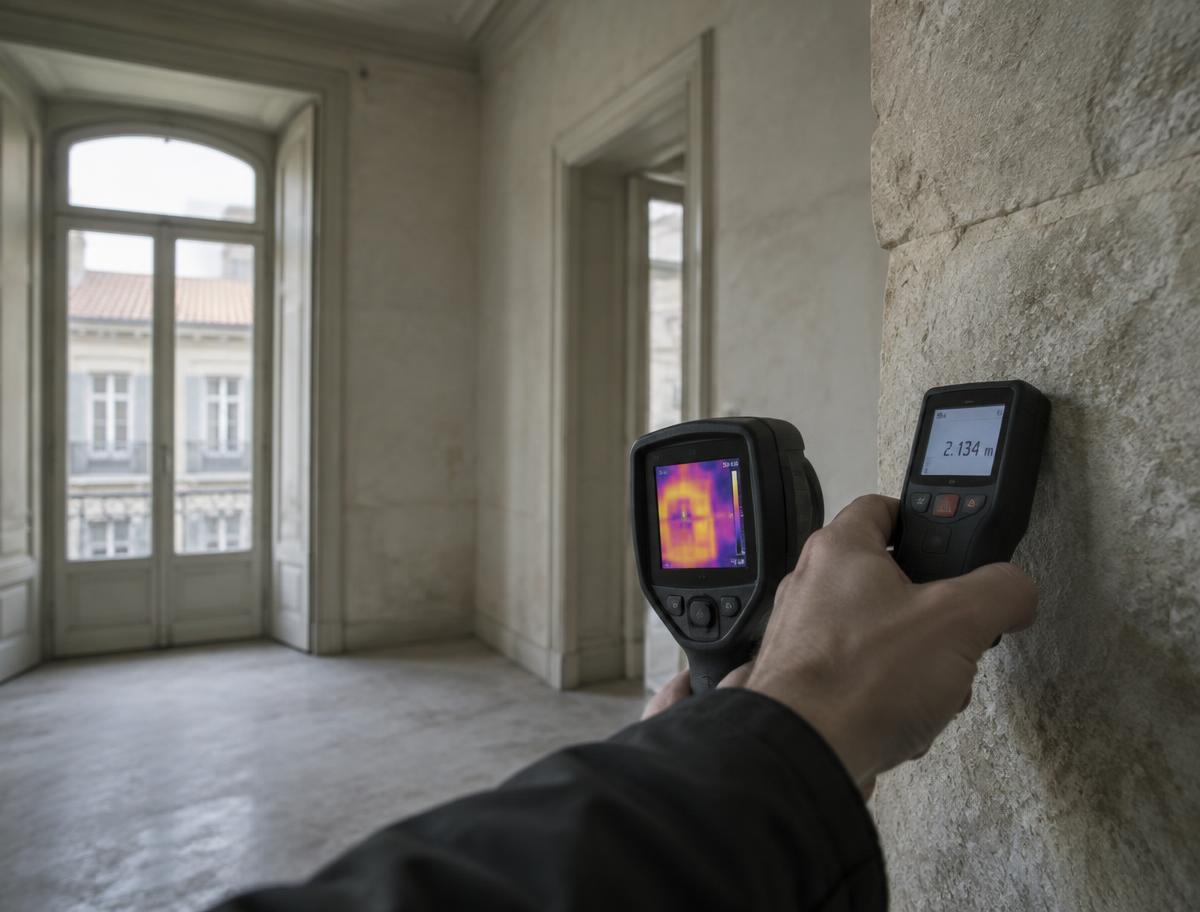 Engineer measuring a stone wall with laser and thermal camera